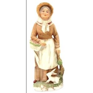 Vintage HOMCO Home Interiors Lady Ceramic Figurine Farmhouse Decor Bunny GLUED